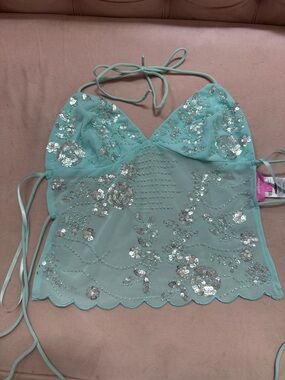 Edikted Mint Sequin Halter Crop Top
